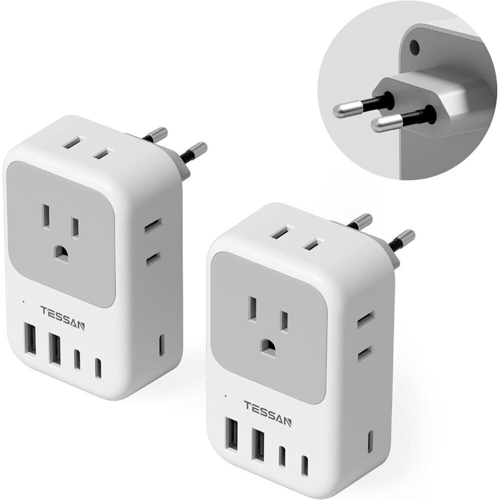 European Travel Plug Adapter 2-Pack, to EU Outlet Adaptor with 4 AC Outlets &